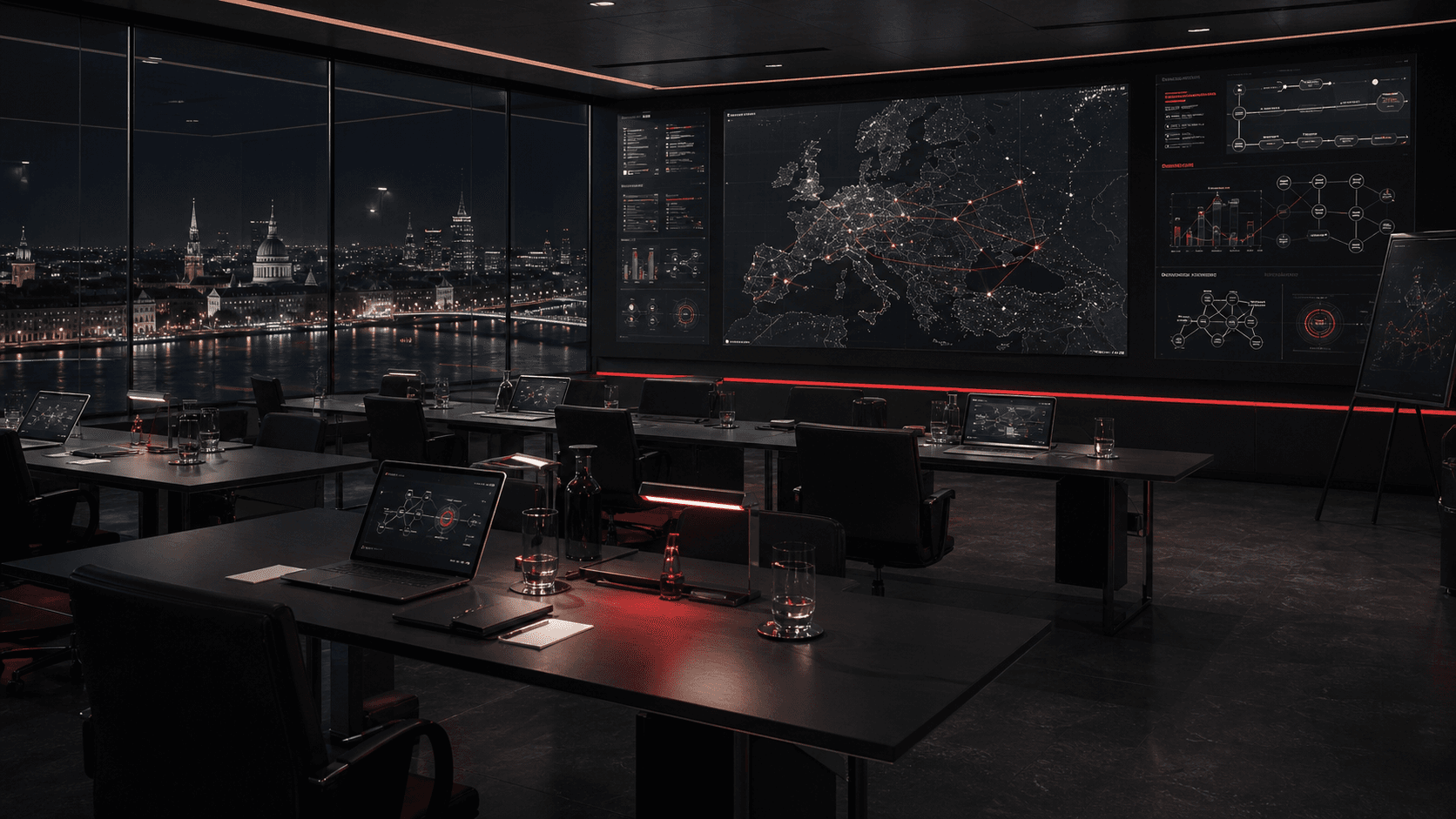 Dark European executive AI workshop room with technical screens and red signal lighting