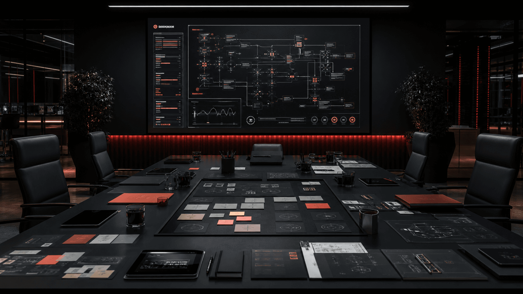 Private corporate AI workshop boardroom with automation diagrams and red signal accents