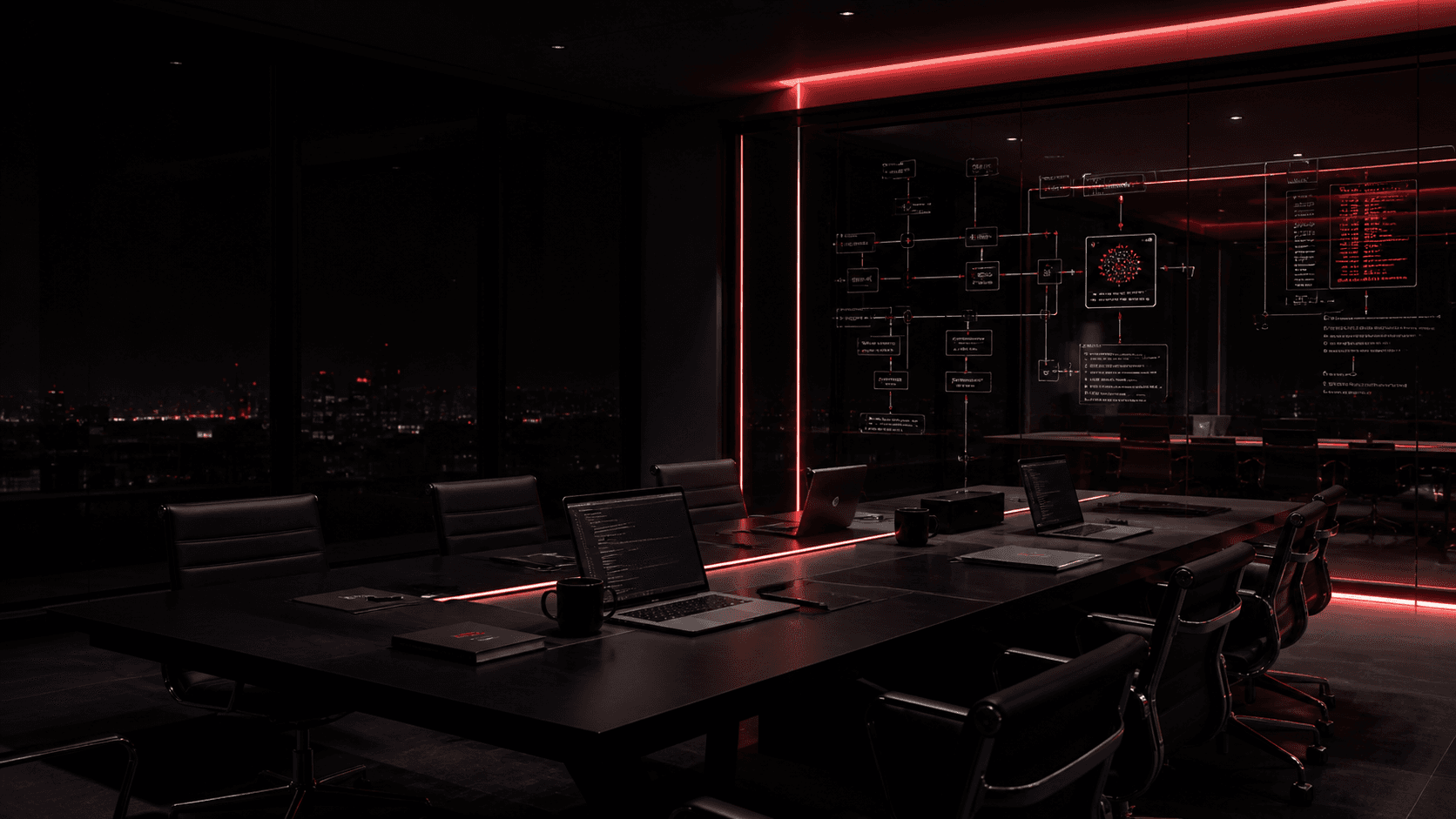 Dark executive AI systems room with technical architecture displays and red signal lighting