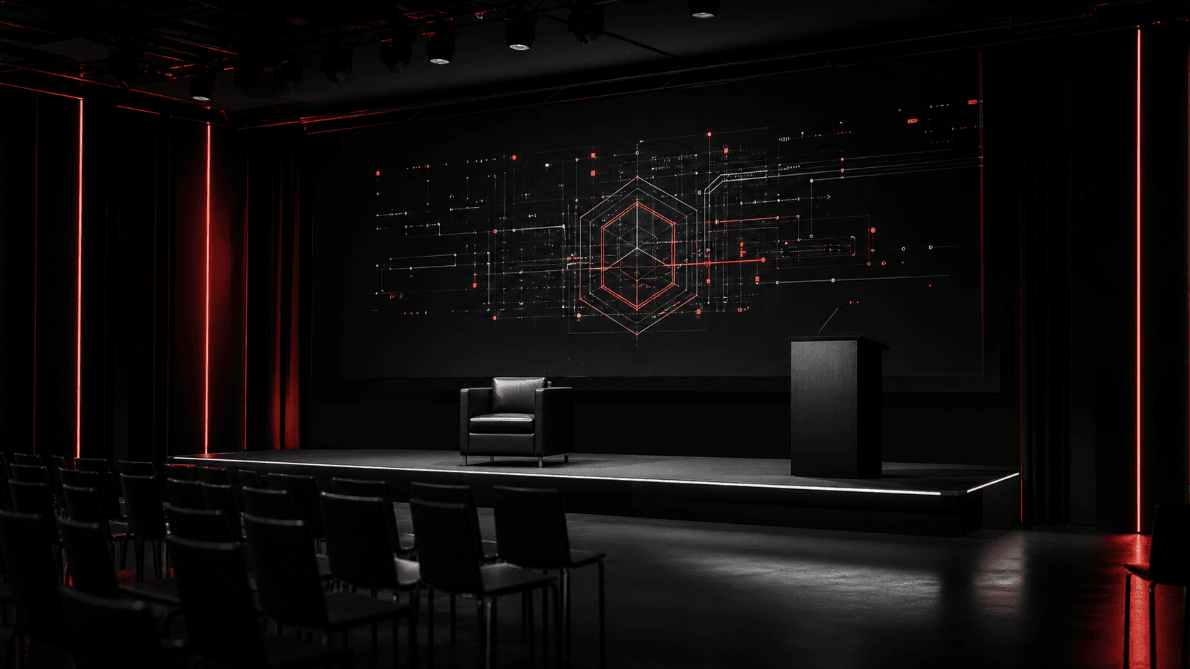 Minimal dark technical briefing stage with AI architecture display and red signal lines